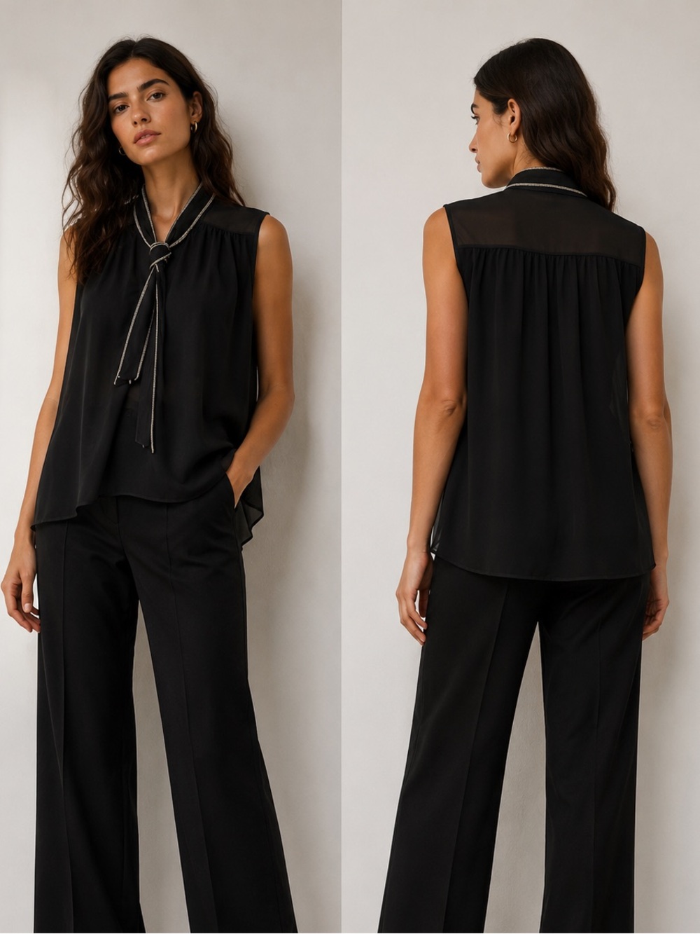 Zara black sleeveless rhinestone tie blouse